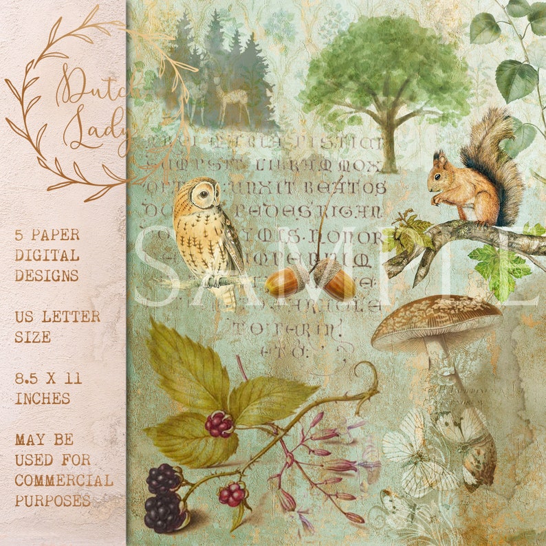 May include: Digital paper design with a vintage aesthetic. The image features an owl, squirrel, tree, and mushroom, with a background of text and forest imagery. The paper is 8.5 x 11 inches and can be used for commercial purposes.