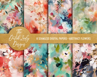 Abstract Flowers Digital Backgrounds - Printable Scrapbook Papers - Seamless Floral Patterns - Oil Paint - INSTANT DOWNLOAD - 8 JPEG Files