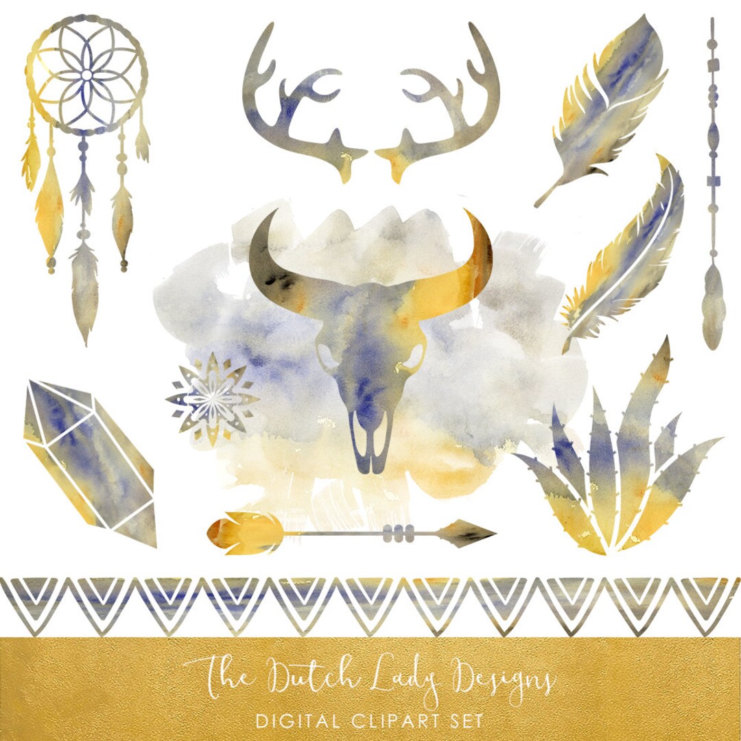 Boho & Ethnic Prairie Clipart Set - Watercolor Animal Skulls ...