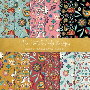 Può includere: Set di otto carte digitali per scrapbooking con motivi floreali in vari colori, tra cui blu, rosa, rosso, giallo e nero. Le carte sono intitolate "The Dutch Lady Designs Digital Scrapbook Papers".