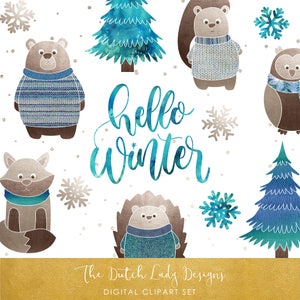Winter Forest Friends Clipart Set - Animaux de la forêt, Pins, Flocons de neige, Confettis de neige - TÉLÉCHARGEMENT INSTANTANÉ - 23 .PNG Images