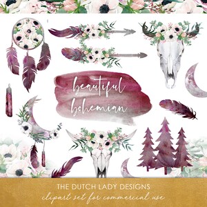 May include: A set of watercolor illustrations featuring bohemian style elements, including a dreamcatcher, feathers, arrows, flowers, a skull, a crescent moon, and trees. The text "beautiful bohemian" is written in a watercolor style.