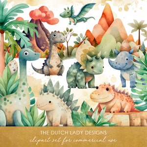 Cute Dinosaur Clipart - Illustrazioni per bambini ad acquerello - Dinos giurassici preistorici, Vulcano e foglie - DOWNLOAD immediato - 25 immagini digitali