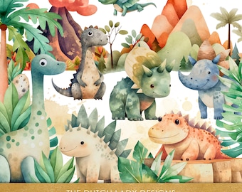 Może przedstawiać: Aquarela przedstawiająca zestaw dinozaurów, w tym zielonego triceratopsa, niebieskiego stegozaura, brązowego brachiozaura, czerwonego welociraptora i białego ankylozaura. Dinozaury otoczone są zielonymi roślinami i brązowym wulkanem.