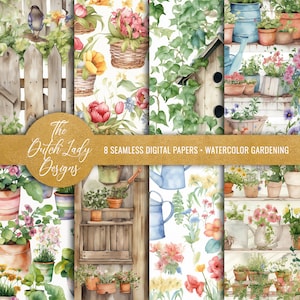 Sfondi digitali da giardinaggio - Carta scrapbook stampabile - Modelli da giardino acquerello senza soluzione di continuità - Piante - DOWNLOAD immediato - 8 file JPEG