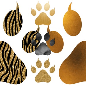 Paws and claws clipart set in gold and glitter style. For the creative animal lover. For personal and commercial use. Set of 20 PNG files.
