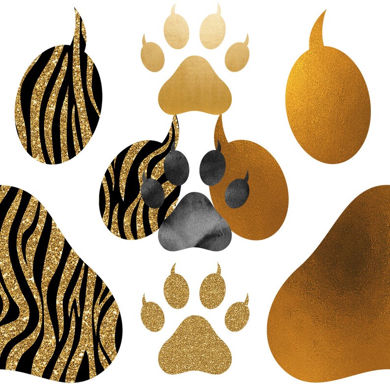 Paws and claws clipart set in gold and glitter style. For the creative animal lover. For personal and commercial use. Set of 20 PNG files.