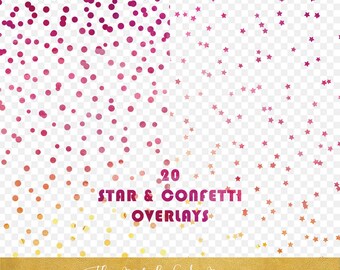 Confetti & Star Overlay Clipart: Gold, Rainbow, Pink, Purple (20 .PNG Files) (Instant Download)