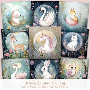 Frühling Kristall Fantasie, Postkarte & Kunstdruck Set, Märchentiere, druckbare Karten-Design, digitale Illustrationen, INSTANT DOWNLOAD