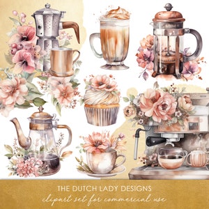 Aquarell Kaffee Barista Clipart - Grafiken im Vintage-Blumenstil - Espressomaschinen, Latte Macchiatos, Tassen - SOFORTIGER DOWNLOAD - 25 digitale Bilder