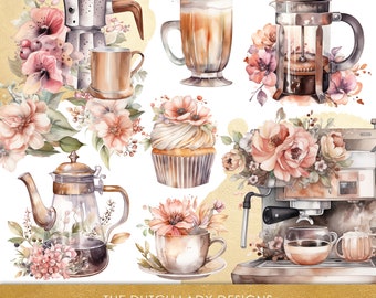 Watercolor Coffee Clipart: Vintage Floral Barista Graphics (25 Digital Images)