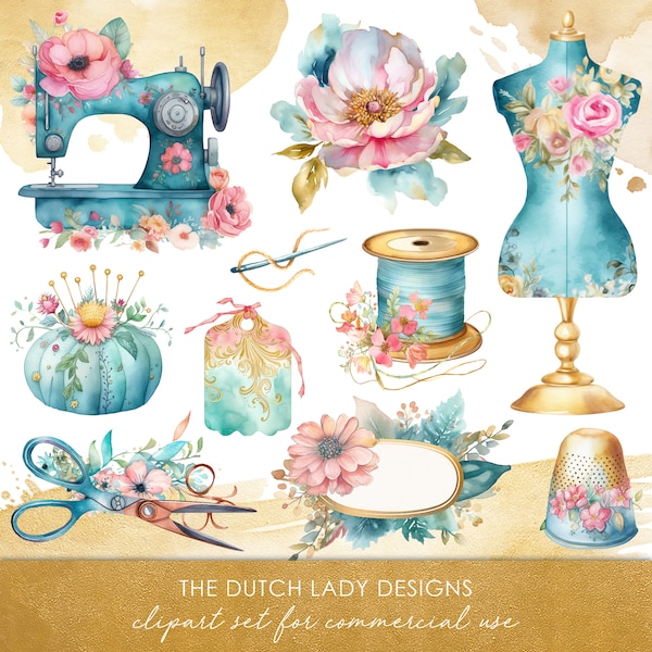 Aquarelle Couture & Couturière Clipart - vintage Floral Style Graphics - Machines à coudre - Mannequins - TÉLÉCHARGEMENT INSTANTANÉ - 25 Images numériques