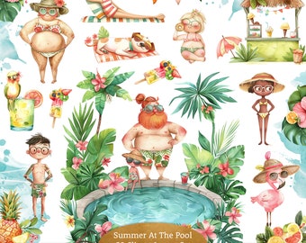 Summer Pool Party Clipart Set: Tropical Kids Illustrations (INSTANT DOWNLOAD)