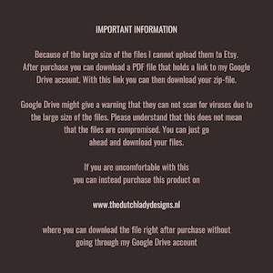May include: A dark brown graphic with white text detailing file download instructions after purchase. It explains the use of Google Drive and offers an alternative download method via a website.