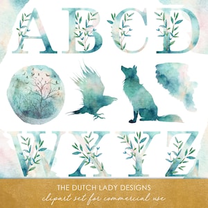 Watercolor Alphabet Clipart Set - Woodland Images - Crow - Raven - Wolf - Lettering - Watercolor Smears - INSTANT DOWNLOAD - 38 .PNG Files