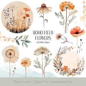Ensemble de cliparts aquarelle fleur des champs - fleurs des prés aux couleurs bohèmes - cercles et couronnes de fleurs élégantes - TÉLÉCHARGEMENT IMMÉDIAT - 25 fichiers PNG