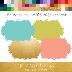 Label Silhouette Clipart Set: 50 Colors, Gold & Glitter (PNG Files, Digital Download)