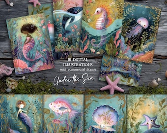 Under The Sea Illustrations: Colorful Kids Ocean Art Postcard Set (Digital Download)