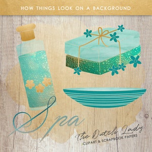 May include: A spa themed digital clipart set featuring a teal blue bottle with a gold lid, a teal blue gift box with a gold ribbon and flowers, and a teal blue bowl with gold stripes. The background is a wood grain texture.