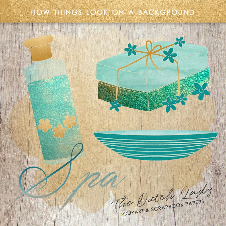 May include: A spa themed digital clipart set featuring a teal blue bottle with a gold lid, a teal blue gift box with a gold ribbon and flowers, and a teal blue bowl with gold stripes. The background is a wood grain texture.