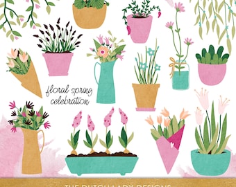 Spring Flower Clipart Set: Floral Bouquets and Potted Plants (PNG Files) (Instant Download)
