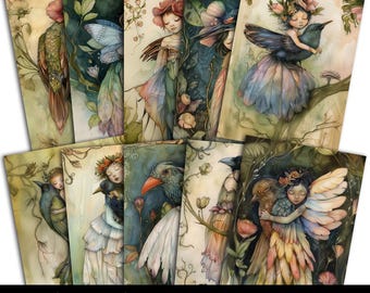 Fairies and Birds Art Prints: Enchanted Postcard Set (Digital Download)