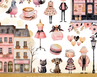 Life In Paris Clipart - Childrens Illustrations - Cute Watercolor Images - Parisian Style Characters - INSTANT DOWNLOAD - 25 Digital Images