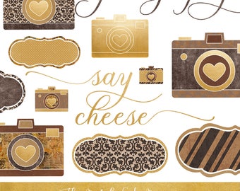 Photography Clipart Set - Photo Cameras & Labels Vintage Style - INSTANT DOWNLOAD - 21 .PNG Images