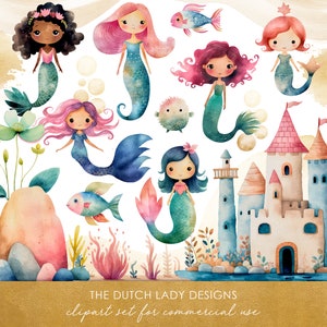 Clipart de sirène de conte de fées - illustrations aquarelles pour enfants - graphismes sous-marins océan fantastique mignon - téléchargement immédiat - 25 images numériques