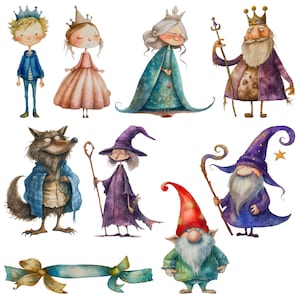 Once upon a time fairytale clipart set. Cute story telling theme. Fairytale characters, castle, wishing well, ribbons, trees. Ideal for scrapbooking, birthday cards or making stickers. 25 PNG files for personal & commercial use. Enchanted world.