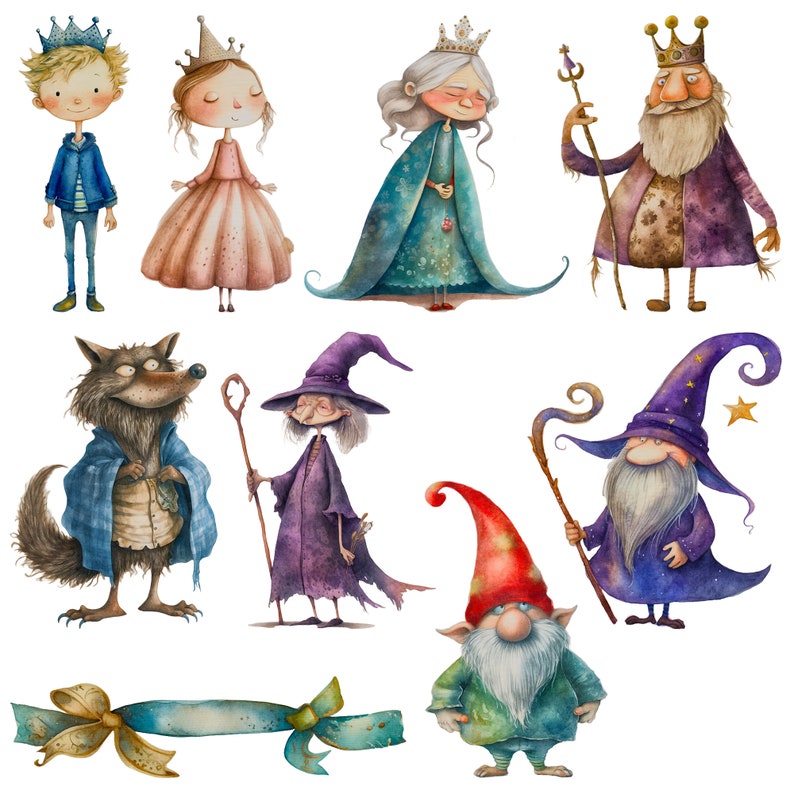 Once upon a time fairytale clipart set. Cute story telling theme. Fairytale characters, castle, wishing well, ribbons, trees. Ideal for scrapbooking, birthday cards or making stickers. 25 PNG files for personal & commercial use. Enchanted world.