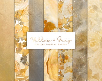 Yellow & Gray Floral Digital Paper: Scrapbook Backgrounds (Digital Download)