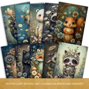 Lindo conjunto de postales y carteles de animales del bosque - Diseño digital imprimible - Impresión de arte de bosque floral místico - 10 . Archivos JPEG - DESCARGA INSTANTÁNEA