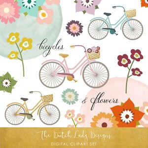 Fahrräder & Blumen Clipart Set - Fahrräder, Blumen, Aquarell Kreise mit Einem Hauch von Gold - INSTANT DOWNLOAD - 28 .PNG Dateien