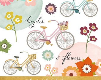 Bicycles & Flowers Clipart Set: Watercolor Floral Bikes (28 PNG Files) (Instant Download)