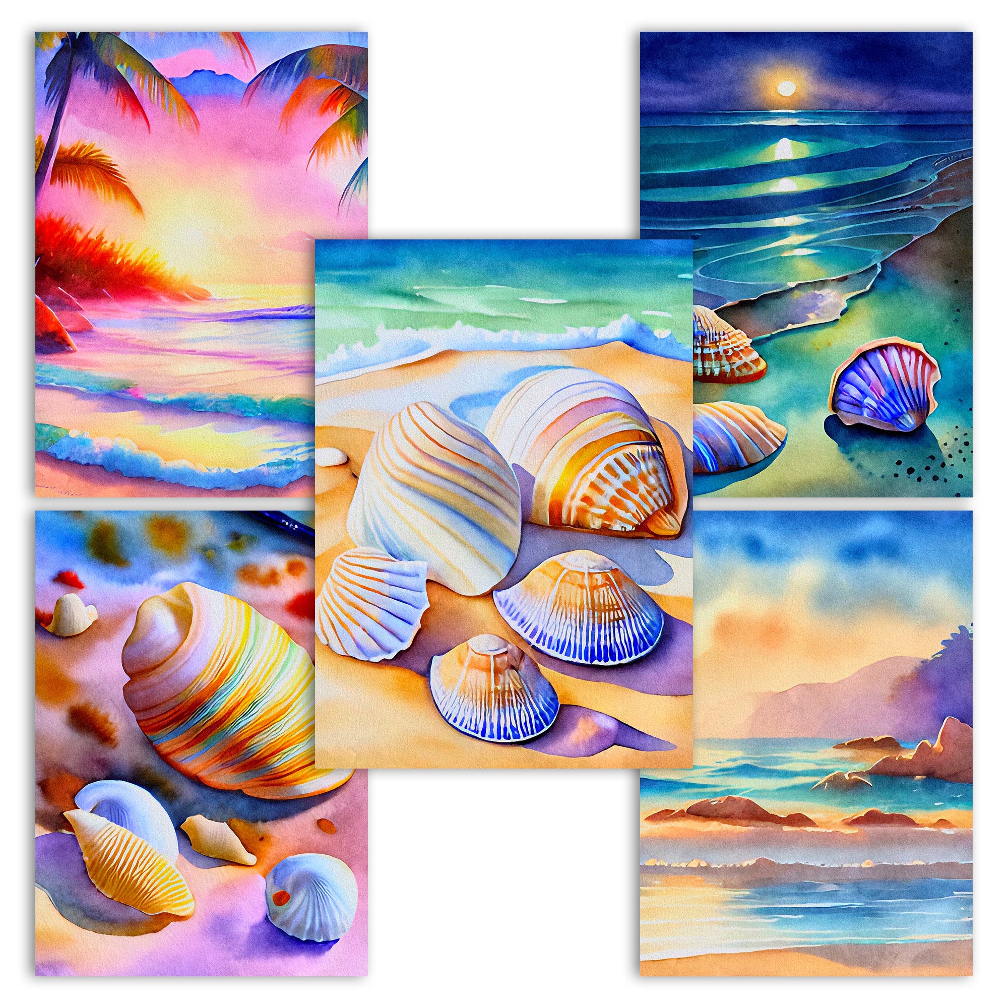 Seashell Beach Postcard Poster Set: Colorful Sea Art (10 JPEG Files ...