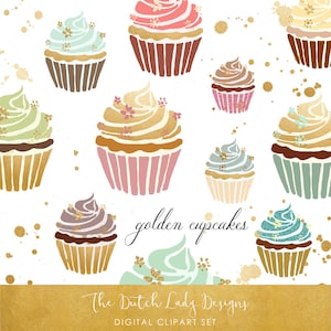 Cupcake Clipart Set - En Or, Paillettes, Scintillements & Pastels - Superpositions d’éclaboussures d’encre dorée incluses - TÉLÉCHARGEMENT INSTANTANÉ - 26 fichiers .PNG