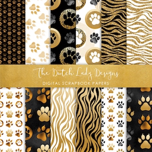 Papier Scrapbook numérique - Golden & Black Paw et Animal Print Patterns - 12 papiers en . Fichiers JPEG - TÉLÉCHARGEMENT INSTANTANÉ