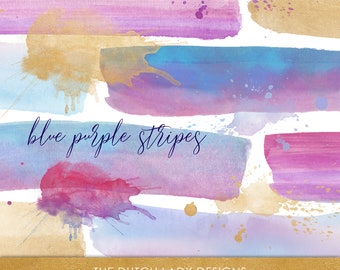 Watercolor Stripe Clipart - Brush Strokes - Waterpaint Stripes - Ink Splatter - In Blue, Purple & Gold - INSTANT DOWNLOAD - 30 .PNG Files