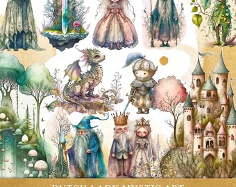 Watercolor Fairytale Clipart Set: Fantasy Castle, Characters (Instant Download)