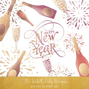 Happy New Year & Party Clipart Set - Bottiglie di Champagne, Bicchieri, Fuochi d'artificio, Clipart di testo - DOWNLOAD ISTANTANEO - 29 immagini .PNG
