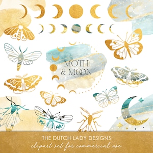 Motte & Mond Clipart Set - Esoterik Grafik - Mondphasen - Motten - Schmetterlinge - Gold - Aquarell Schmieren - INSTANT DOWNLOAD - 30 PNG Bilder