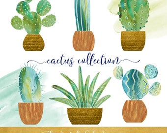 Watercolor Cactus Clipart Set - Cactus, Succulent and Watercolor Smear Images - INSTANT DOWNLOAD - 16 .PNG Images