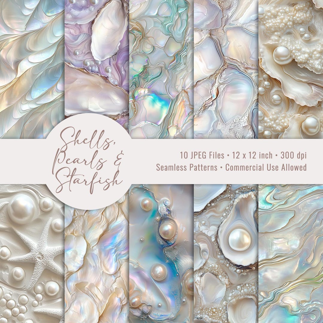 Shells, Pearls & Starfish SEAMLESS Patterns, Printable Scrapbook Papers ...