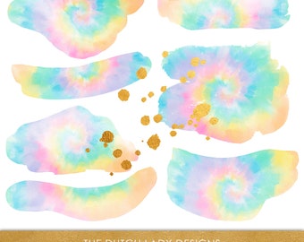 Rainbow Watercolor Smear Clipart Set - Tie Dye Ink - Ink & Paint Splatter in Gold - Abstract Logo Art - INSTANT DOWNLOAD - 20 .PNG Images