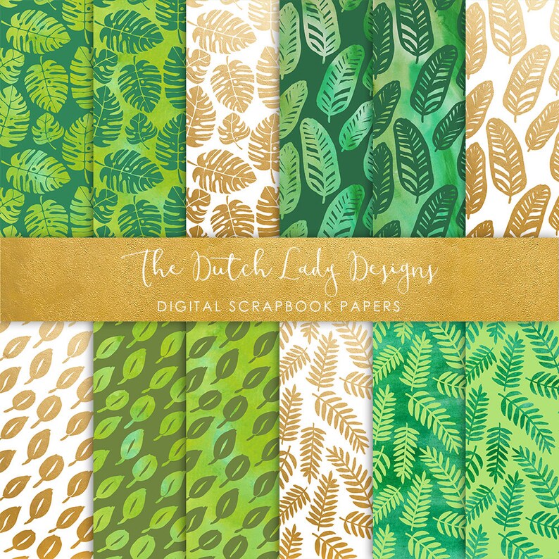 Digital Scrapbook Paper Green & Golden Plant and Leaf Etsy