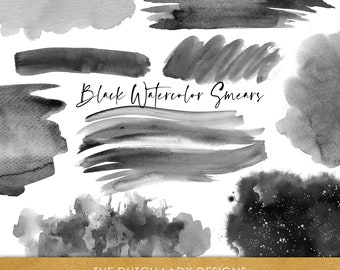 Black Watercolor Smear Clipart: Ink Stain Brush Strokes (PNG Files)