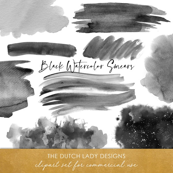 Black Watercolor Smear Clipart Set - Peinture aquarelle - Gris - Transparent - Tache d’encre - Cercle - Pinceau - TÉLÉCHARGEMENT INSTANTANÉ - 25 .PNG Fichiers