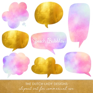 Speech Bubble Clipart Set - Aquarel Regenboog &Goud Folie - Blurb - Transparant - Cartoon - Scrapbook - INSTANT DOWNLOAD - 20 .PNG Files
