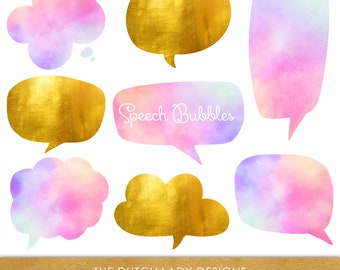 Speech Bubble Clipart Set - Watercolor Rainbow & Gold Foil - Blurb - Transparent - Cartoon - Scrapbook - INSTANT DOWNLOAD - 20 .PNG Files